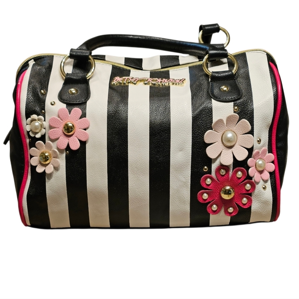 🌺🌸Betsey 3D Floral Studded Pink with Black & White Stripes Bowler Bag - GPC